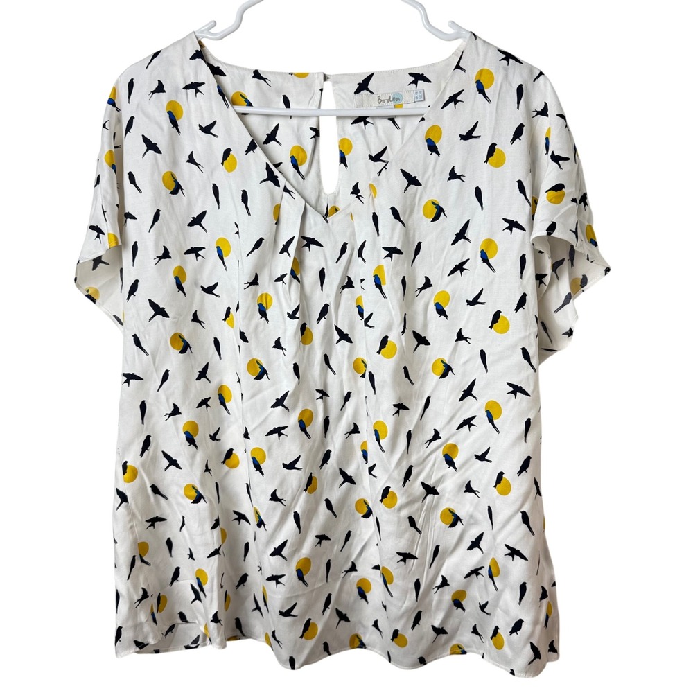 Boden Blouse Women 14 White Bird Sun Print Silk Blend Short Sleeve 8037